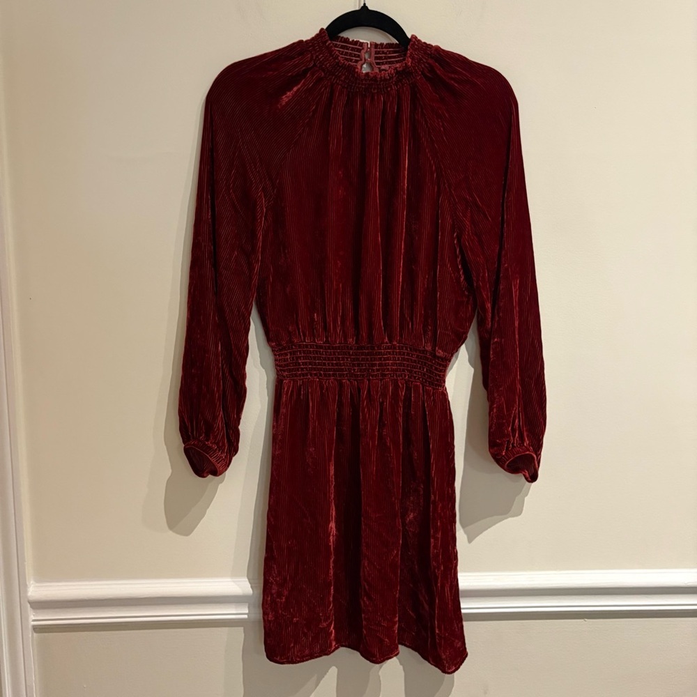 Bella Dahl Ribbed Silk Blend The Ruby Velvet Smocked Raglan Mini Dress Sz Small - Picture 6 of 11